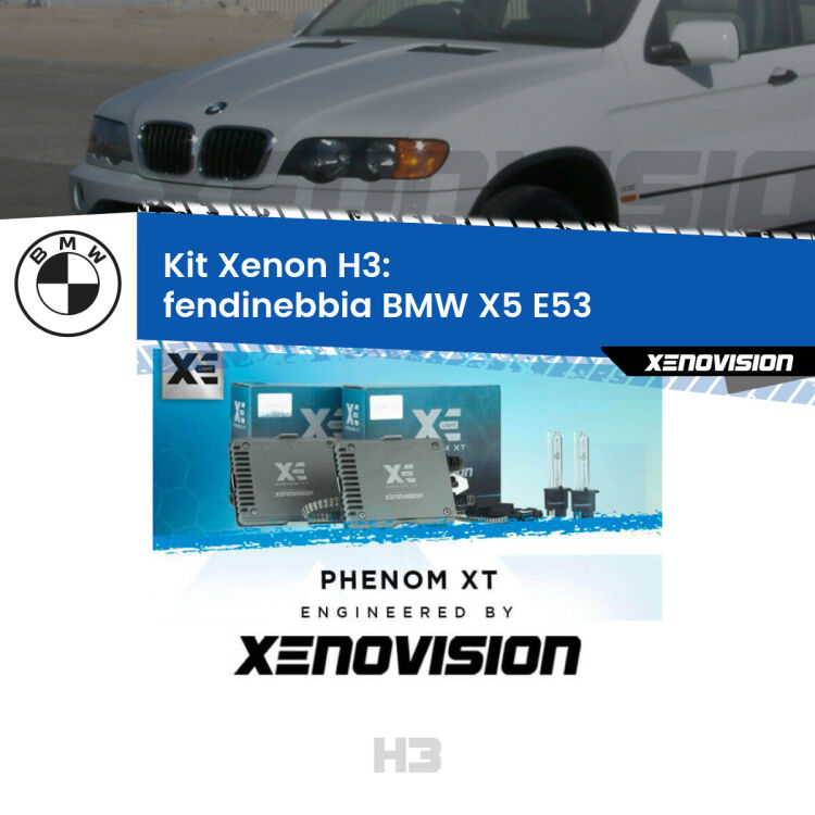 <strong>Kit Xenon H3 Professionale per fendinebbia BMW X5 </strong> E53 1999 - 2002. Taglio di luce perfetto, zero spie e riverberi. Leggendaria elettronica Canbus Xenovision. Qualità Massima Garantita.