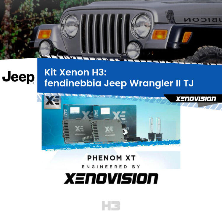 <strong>Kit Xenon H3 Professionale per fendinebbia Jeep Wrangler II </strong> TJ 1996 - 2005. Taglio di luce perfetto, zero spie e riverberi. Leggendaria elettronica Canbus Xenovision. Qualità Massima Garantita.