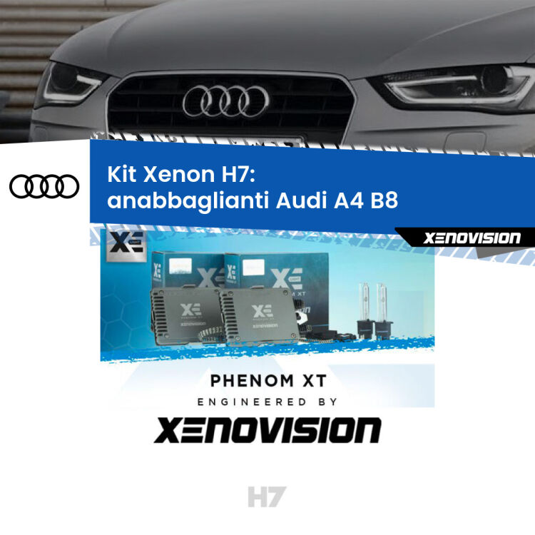 <strong>Kit Xenon H7 Professionale per Audi A4 </strong> B8 (2007 - 2015). Taglio di luce perfetto, zero spie e riverberi. Leggendaria elettronica Canbus Xenovision. Qualità Massima Garantita.