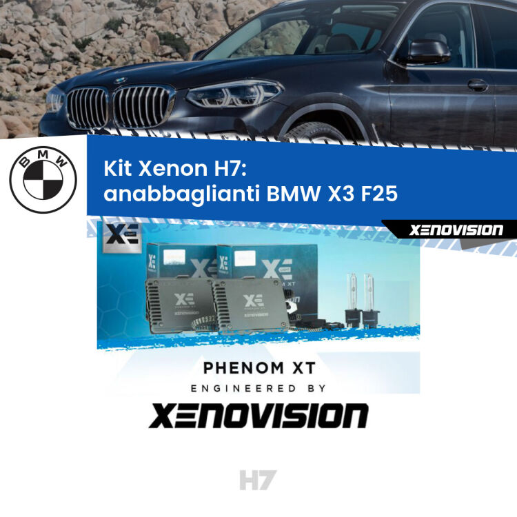 <strong>Kit Xenon H7 Professionale per BMW X3 </strong> F25 (2010 - 2016). Taglio di luce perfetto, zero spie e riverberi. Leggendaria elettronica Canbus Xenovision. Qualità Massima Garantita.