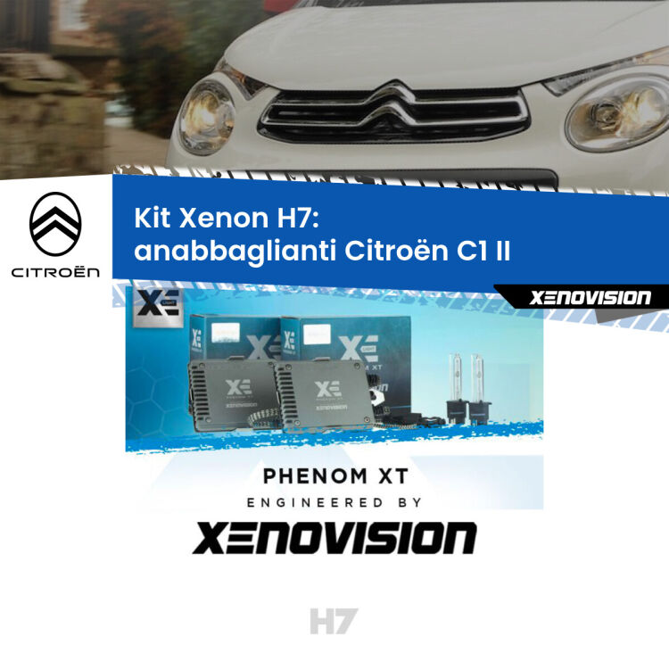 <strong>Kit Xenon H7 Professionale per Citroën C1 </strong> II (2014 in poi). Taglio di luce perfetto, zero spie e riverberi. Leggendaria elettronica Canbus Xenovision. Qualità Massima Garantita.