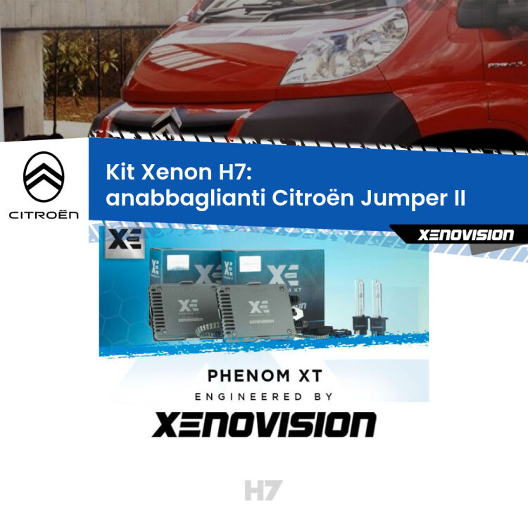 <strong>Kit Xenon H7 Professionale per Citroën Jumper </strong> II (2002 in poi). Taglio di luce perfetto, zero spie e riverberi. Leggendaria elettronica Canbus Xenovision. Qualità Massima Garantita.