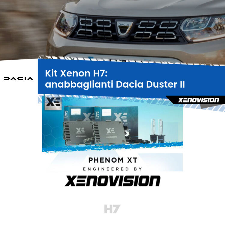 <strong>Kit Xenon H7 Professionale per Dacia Duster </strong> II (2017 in poi). Taglio di luce perfetto, zero spie e riverberi. Leggendaria elettronica Canbus Xenovision. Qualità Massima Garantita.