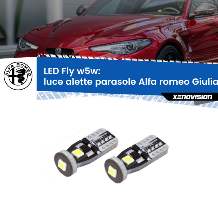 <strong>luce alette parasole LED per Alfa romeo Giulia</strong>  2015 in poi. Coppia lampadine <strong>w5w</strong> Canbus compatte modello Fly Xenovision.