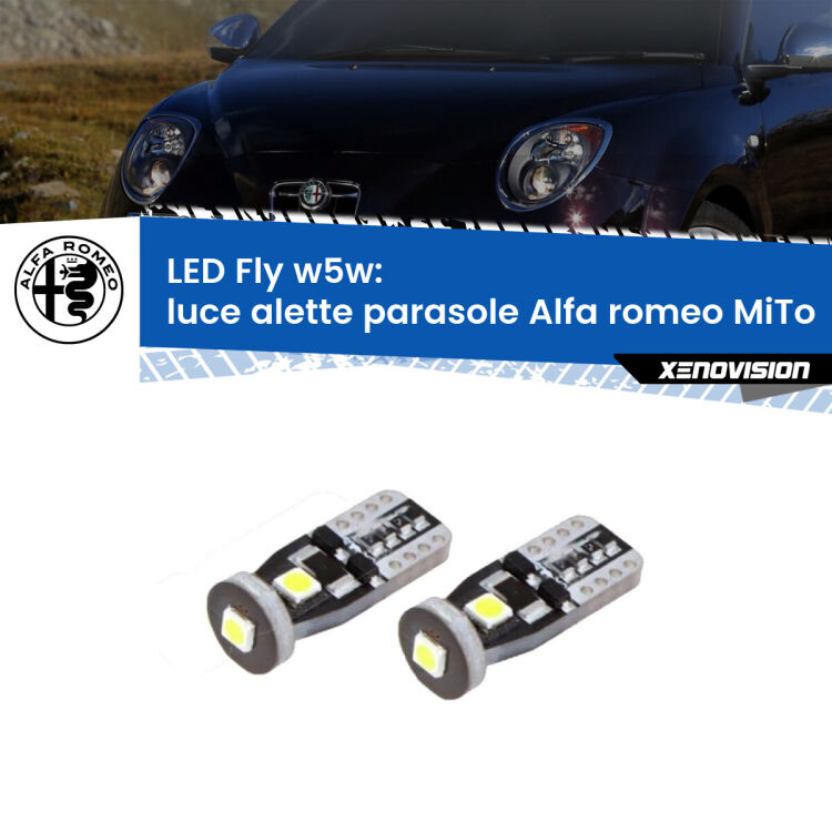 <strong>luce alette parasole LED per Alfa romeo MiTo</strong>  2008 - 2018. Coppia lampadine <strong>w5w</strong> Canbus compatte modello Fly Xenovision.