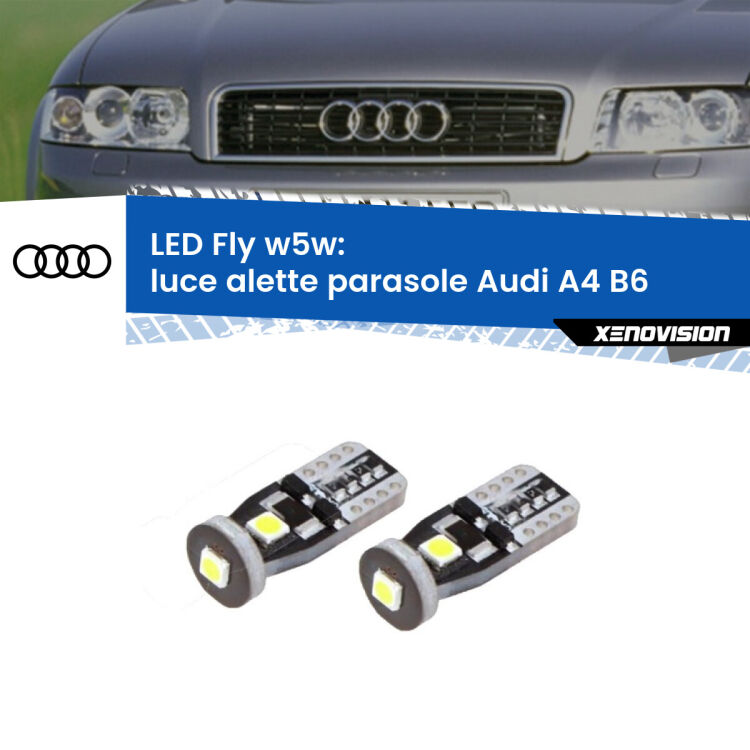 <strong>luce alette parasole LED per Audi A4</strong> B6 2000 - 2004. Coppia lampadine <strong>w5w</strong> Canbus compatte modello Fly Xenovision.