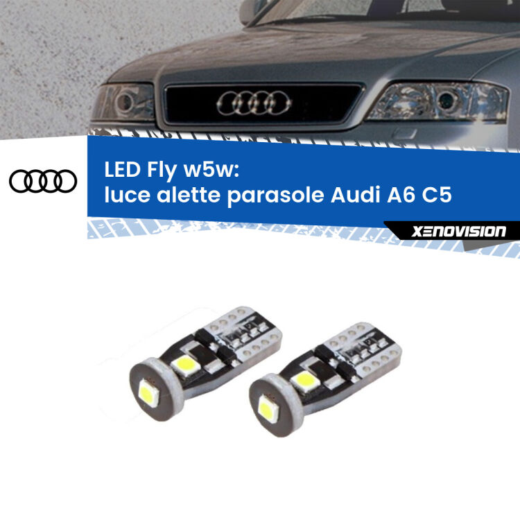 <strong>luce alette parasole LED per Audi A6</strong> C5 1997 - 2004. Coppia lampadine <strong>w5w</strong> Canbus compatte modello Fly Xenovision.