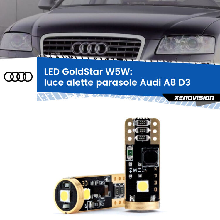 <strong>Luce Alette Parasole LED Audi A8</strong> D3 2002 - 2009: ottima luminosità a 360 gradi. Si inseriscono ovunque. Canbus, Top Quality.