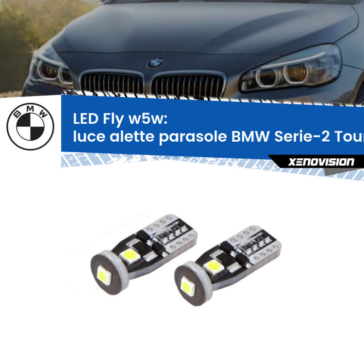 <strong>luce alette parasole LED per BMW Serie-2 Tourer</strong> F45, F46 2014 - 2018. Coppia lampadine <strong>w5w</strong> Canbus compatte modello Fly Xenovision.