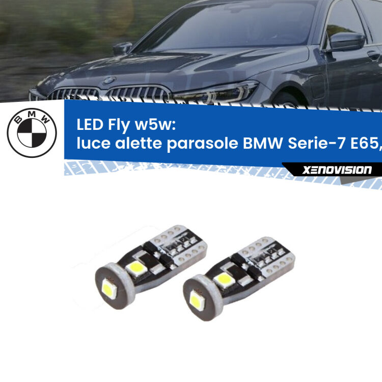 <strong>luce alette parasole LED per BMW Serie-7</strong> E65, E66, E67 2001 - 2008. Coppia lampadine <strong>w5w</strong> Canbus compatte modello Fly Xenovision.