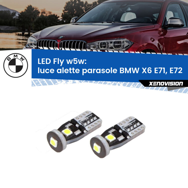 <strong>luce alette parasole LED per BMW X6</strong> E71, E72 2008 - 2014. Coppia lampadine <strong>w5w</strong> Canbus compatte modello Fly Xenovision.