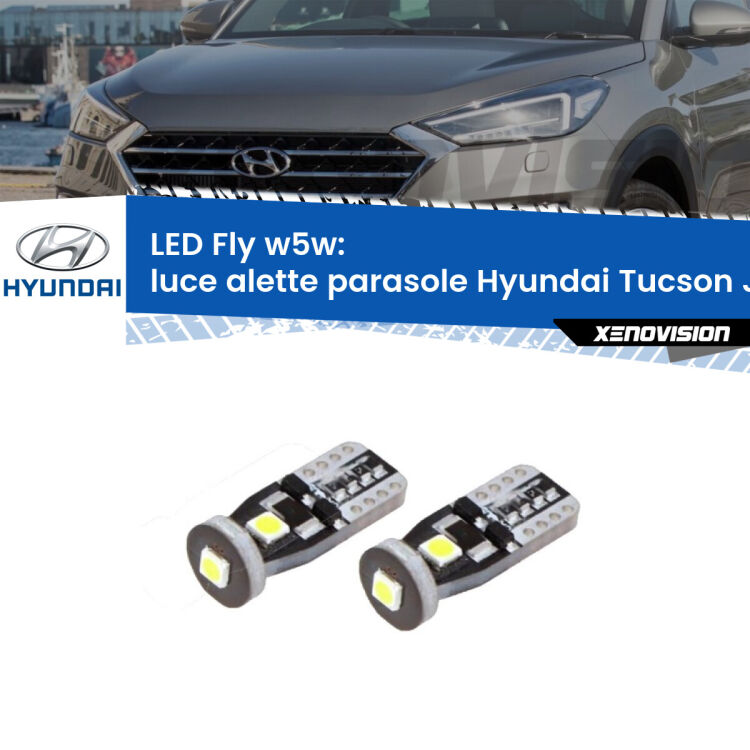 <strong>luce alette parasole LED per Hyundai Tucson</strong> JM 2004 - 2010. Coppia lampadine <strong>w5w</strong> Canbus compatte modello Fly Xenovision.