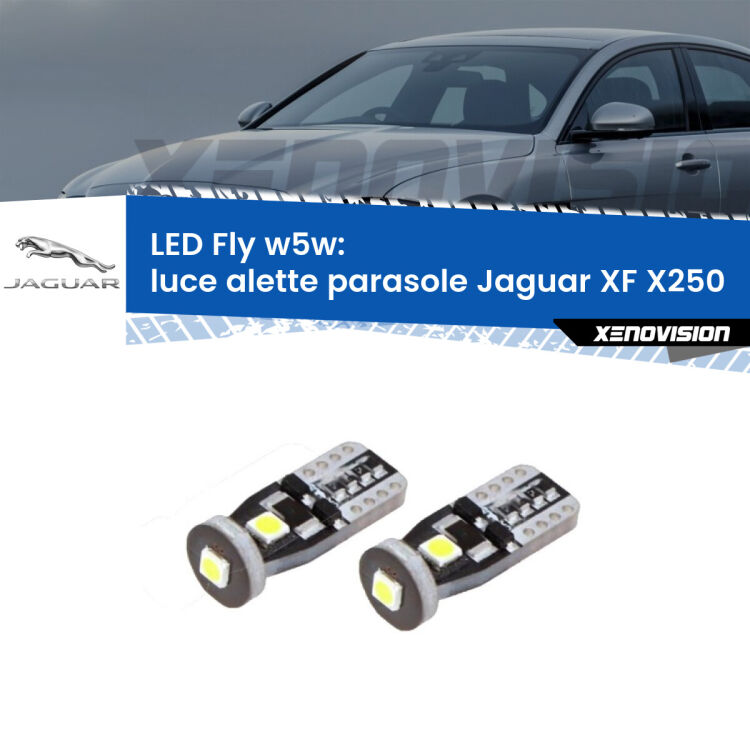 <strong>luce alette parasole LED per Jaguar XF</strong> X250 2007 - 2015. Coppia lampadine <strong>w5w</strong> Canbus compatte modello Fly Xenovision.