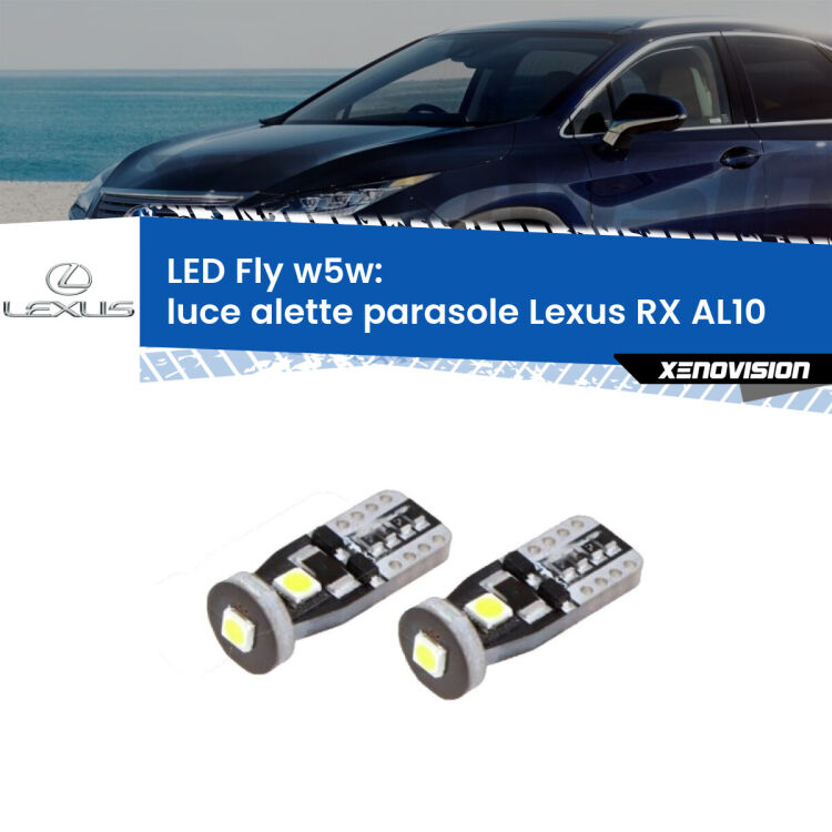 <strong>luce alette parasole LED per Lexus RX</strong> AL10 2008 - 2015. Coppia lampadine <strong>w5w</strong> Canbus compatte modello Fly Xenovision.