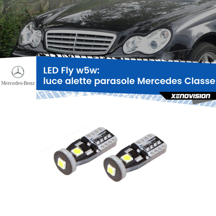 <strong>luce alette parasole LED per Mercedes Classe-C</strong> W203 2000 - 2007. Coppia lampadine <strong>w5w</strong> Canbus compatte modello Fly Xenovision.