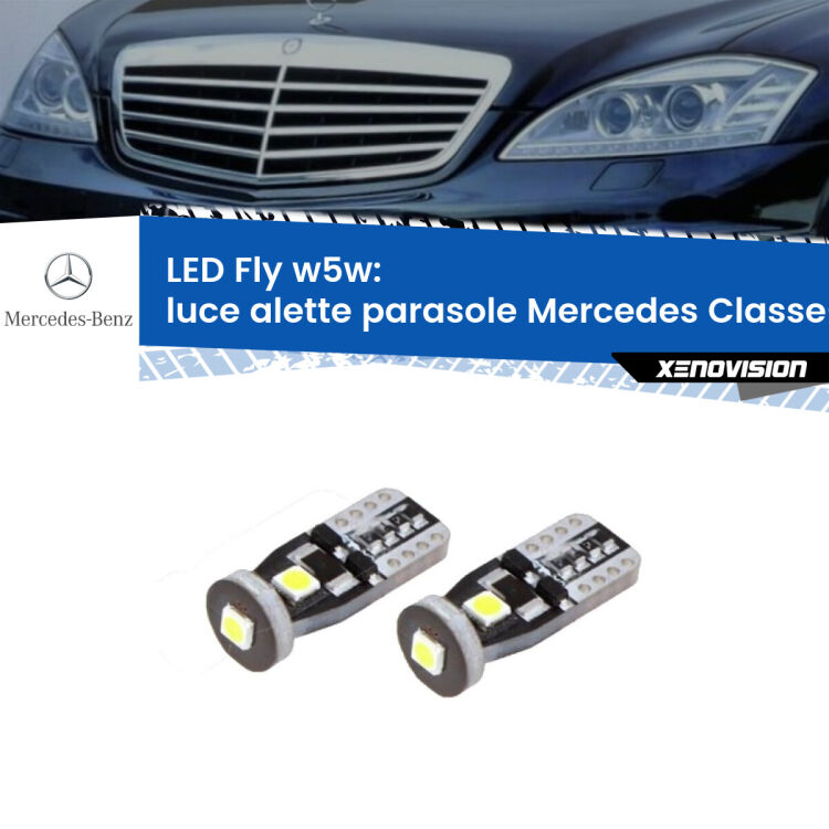 <strong>luce alette parasole LED per Mercedes Classe-S</strong> W221 2005 - 2013. Coppia lampadine <strong>w5w</strong> Canbus compatte modello Fly Xenovision.