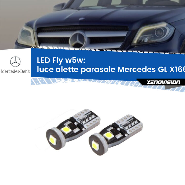 <strong>luce alette parasole LED per Mercedes GL</strong> X166 2012 - 2015. Coppia lampadine <strong>w5w</strong> Canbus compatte modello Fly Xenovision.