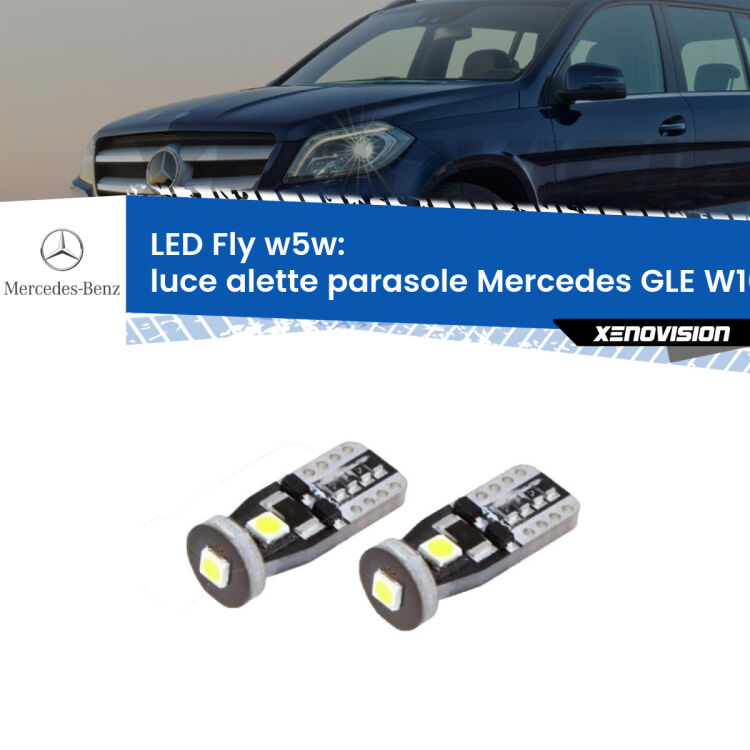 <strong>luce alette parasole LED per Mercedes GLE</strong> W166 2015 - 2018. Coppia lampadine <strong>w5w</strong> Canbus compatte modello Fly Xenovision.