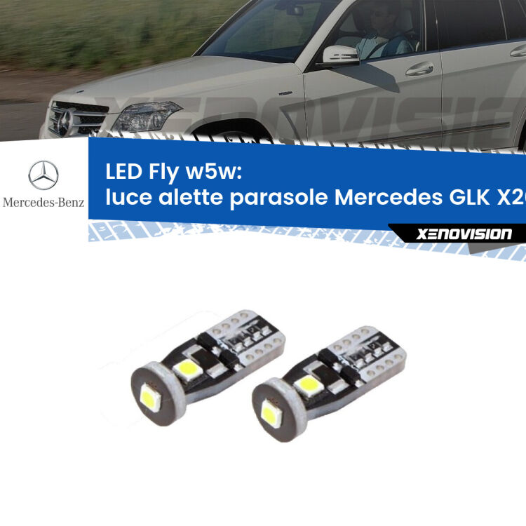 <strong>luce alette parasole LED per Mercedes GLK</strong> X204 2008 - 2015. Coppia lampadine <strong>w5w</strong> Canbus compatte modello Fly Xenovision.