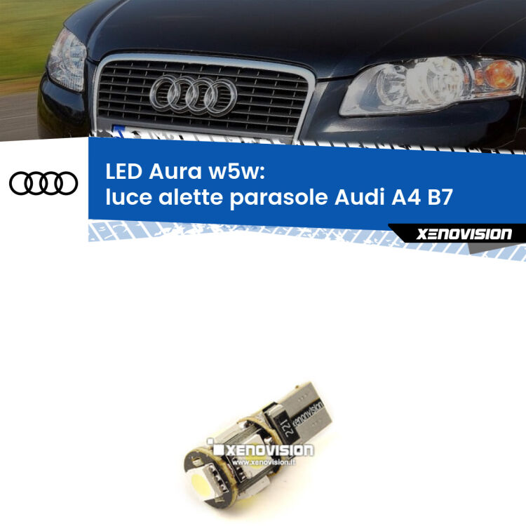 <strong>LED luce alette parasole w5w per Audi A4</strong> B7 2004 - 2008. Una lampadina <strong>w5w</strong> canbus luce bianca 6000k modello Aura Xenovision.