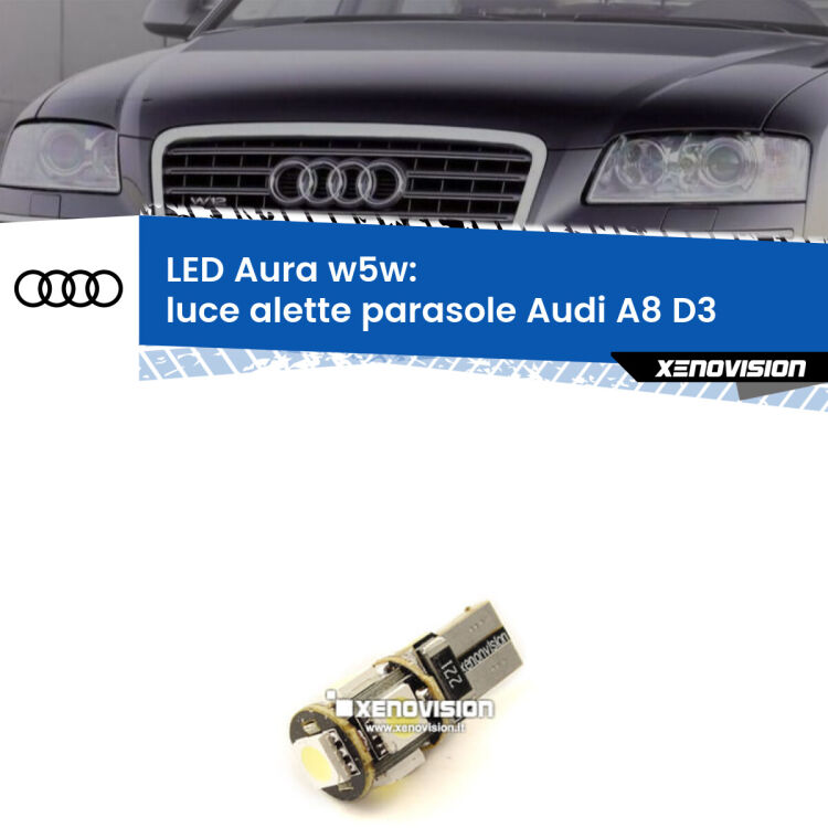 <strong>LED luce alette parasole w5w per Audi A8</strong> D3 2002 - 2009. Una lampadina <strong>w5w</strong> canbus luce bianca 6000k modello Aura Xenovision.