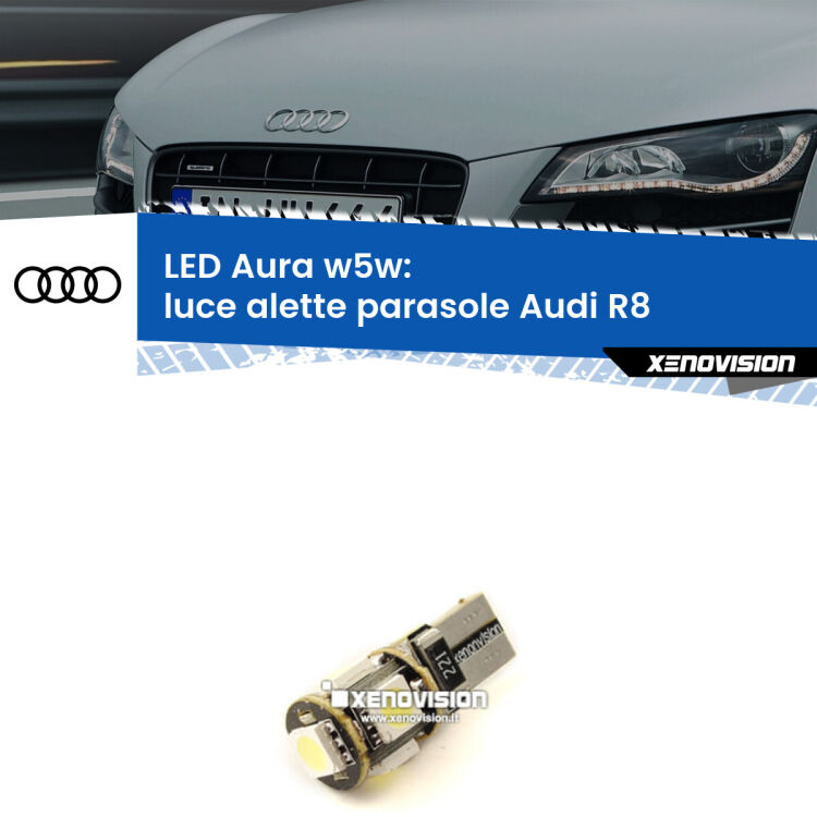 <strong>LED luce alette parasole w5w per Audi R8</strong>  2007 - 2015. Una lampadina <strong>w5w</strong> canbus luce bianca 6000k modello Aura Xenovision.