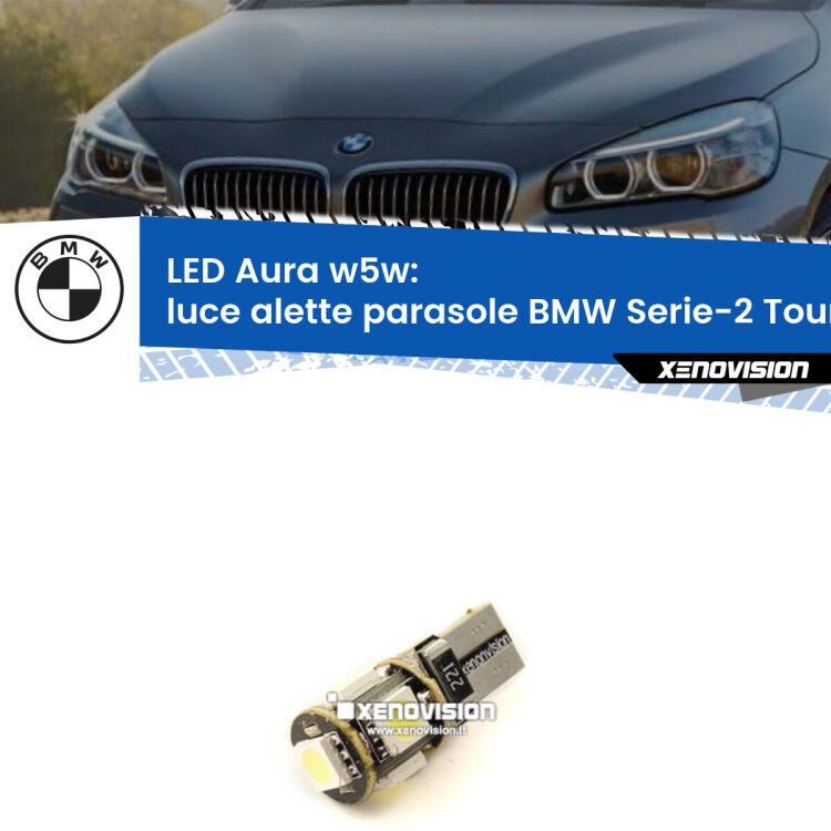 <strong>LED luce alette parasole w5w per BMW Serie-2 Tourer</strong> F45, F46 2014 - 2018. Una lampadina <strong>w5w</strong> canbus luce bianca 6000k modello Aura Xenovision.