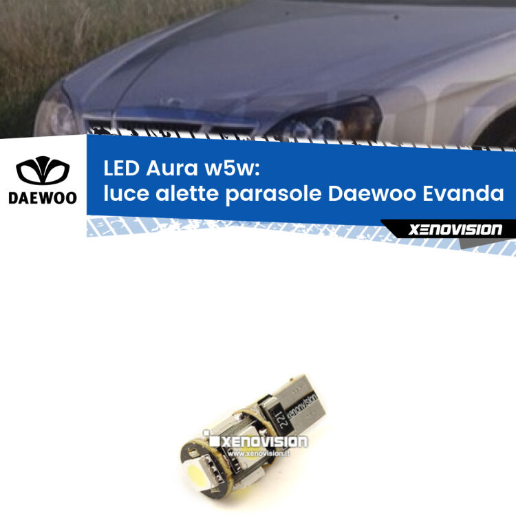 <strong>LED luce alette parasole w5w per Daewoo Evanda</strong>  2002 - 2005. Una lampadina <strong>w5w</strong> canbus luce bianca 6000k modello Aura Xenovision.