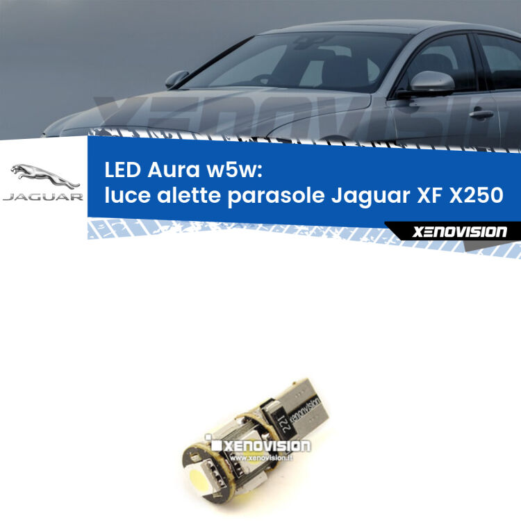 <strong>LED luce alette parasole w5w per Jaguar XF</strong> X250 2007 - 2015. Una lampadina <strong>w5w</strong> canbus luce bianca 6000k modello Aura Xenovision.