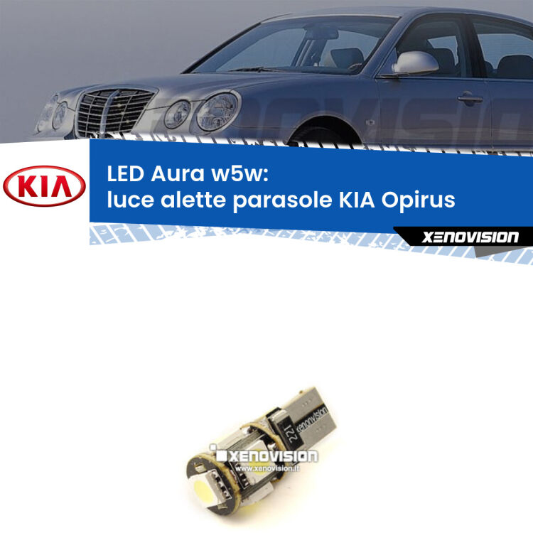 <strong>LED luce alette parasole w5w per KIA Opirus</strong>  2003 - 2011. Una lampadina <strong>w5w</strong> canbus luce bianca 6000k modello Aura Xenovision.