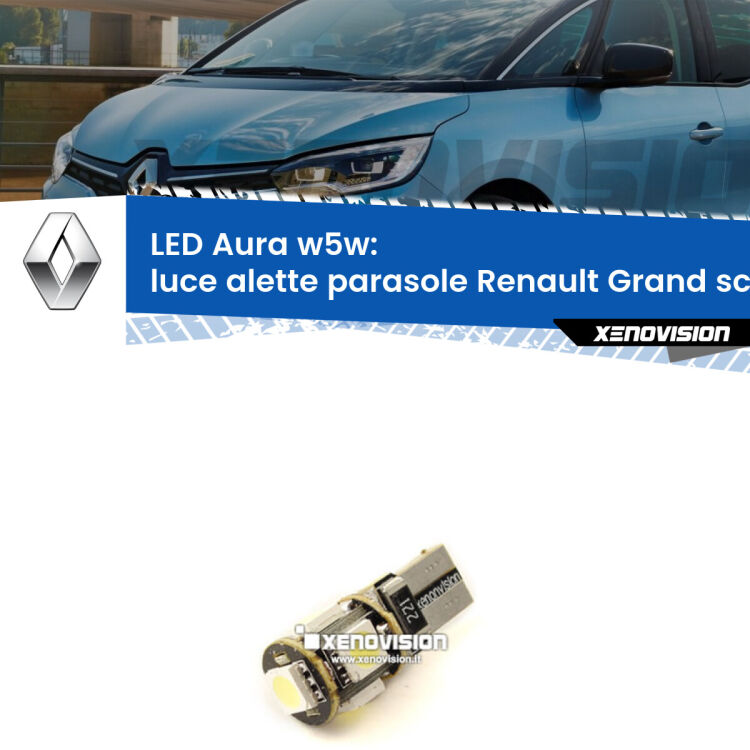 <strong>LED luce alette parasole w5w per Renault Grand scenic III</strong> Mk3 2009 - 2015. Una lampadina <strong>w5w</strong> canbus luce bianca 6000k modello Aura Xenovision.