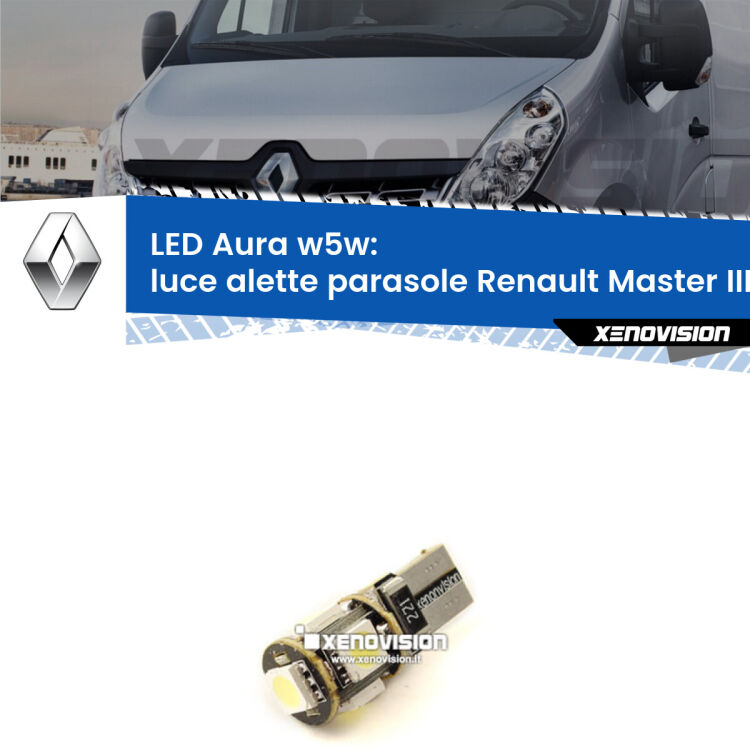 <strong>LED luce alette parasole w5w per Renault Master III</strong> Mk3 2010 in poi. Una lampadina <strong>w5w</strong> canbus luce bianca 6000k modello Aura Xenovision.