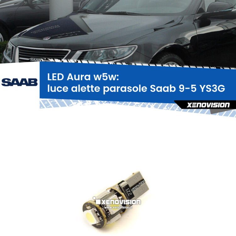 <strong>LED luce alette parasole w5w per Saab 9-5</strong> YS3G 2010 - 2012. Una lampadina <strong>w5w</strong> canbus luce bianca 6000k modello Aura Xenovision.