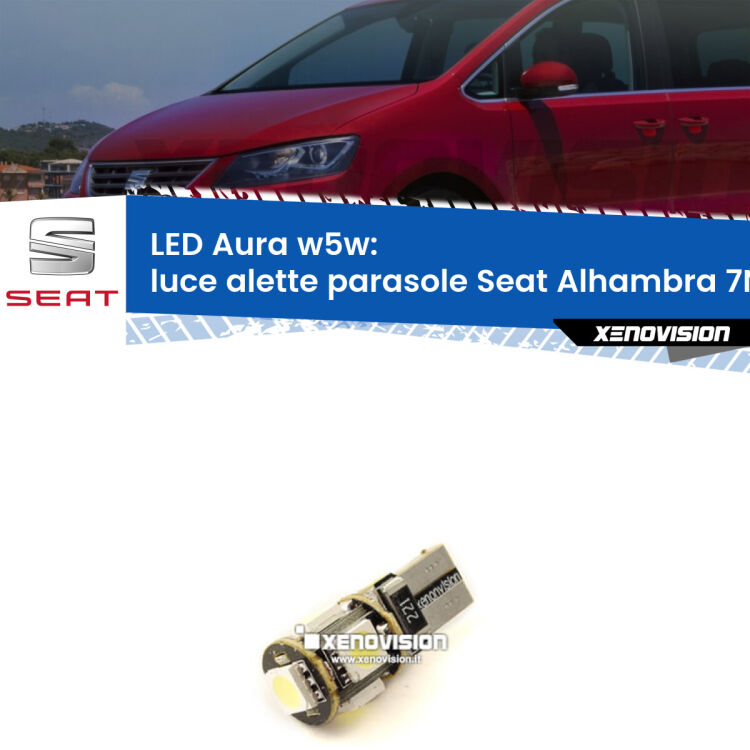 <strong>LED luce alette parasole w5w per Seat Alhambra</strong> 7N 2010 in poi. Una lampadina <strong>w5w</strong> canbus luce bianca 6000k modello Aura Xenovision.