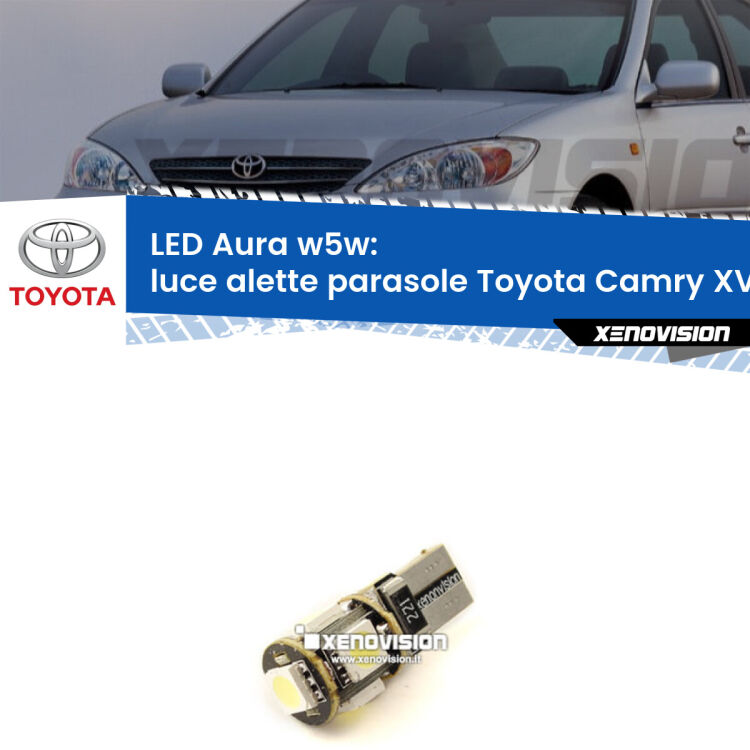 <strong>LED luce alette parasole w5w per Toyota Camry</strong> XV70 2017 in poi. Una lampadina <strong>w5w</strong> canbus luce bianca 6000k modello Aura Xenovision.