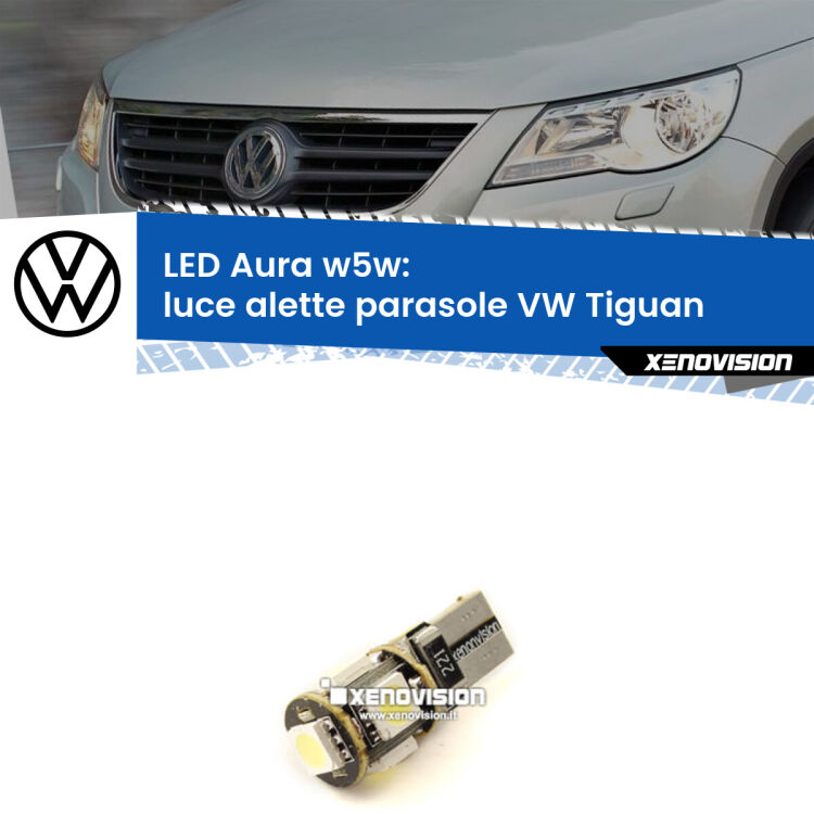 <strong>LED luce alette parasole w5w per VW Tiguan</strong>  2007 - 2018. Una lampadina <strong>w5w</strong> canbus luce bianca 6000k modello Aura Xenovision.