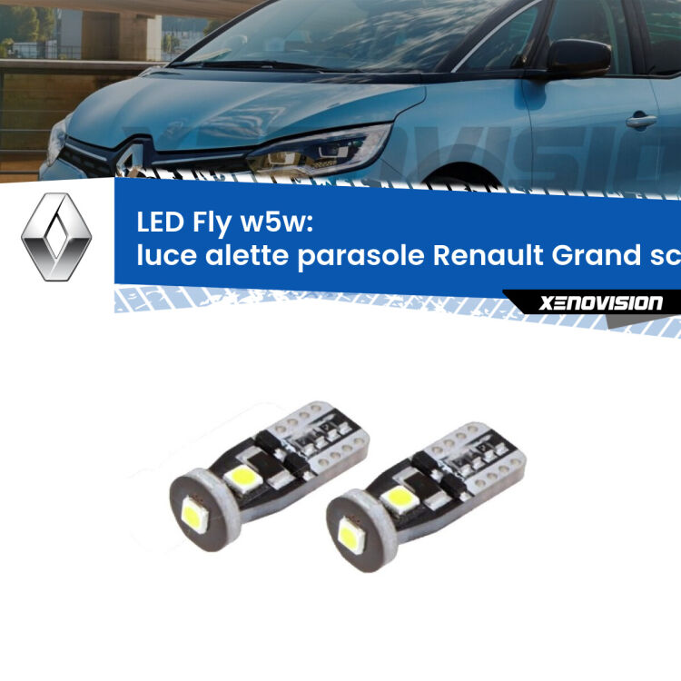 <strong>luce alette parasole LED per Renault Grand scenic III</strong> Mk3 2009 - 2015. Coppia lampadine <strong>w5w</strong> Canbus compatte modello Fly Xenovision.