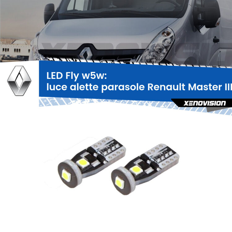 <strong>luce alette parasole LED per Renault Master III</strong> Mk3 2010 in poi. Coppia lampadine <strong>w5w</strong> Canbus compatte modello Fly Xenovision.