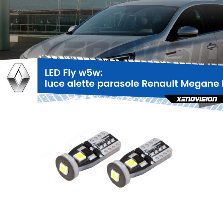 <strong>luce alette parasole LED per Renault Megane III</strong> Mk3 2008 - 2015. Coppia lampadine <strong>w5w</strong> Canbus compatte modello Fly Xenovision.