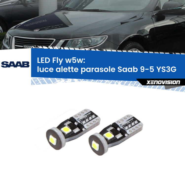 <strong>luce alette parasole LED per Saab 9-5</strong> YS3G 2010 - 2012. Coppia lampadine <strong>w5w</strong> Canbus compatte modello Fly Xenovision.