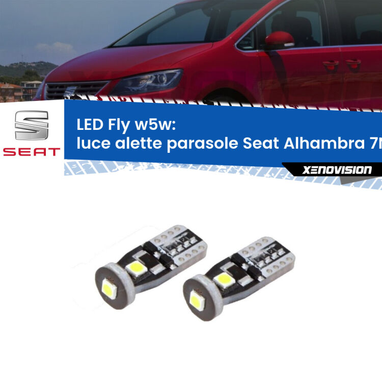 <strong>luce alette parasole LED per Seat Alhambra</strong> 7N 2010 in poi. Coppia lampadine <strong>w5w</strong> Canbus compatte modello Fly Xenovision.