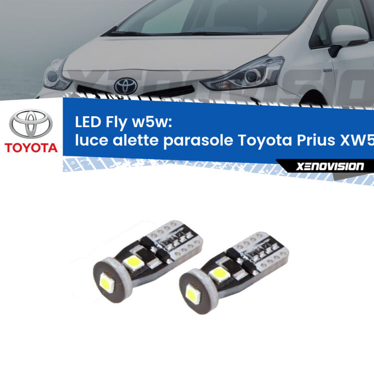 <strong>luce alette parasole LED per Toyota Prius</strong> XW50 2015 in poi. Coppia lampadine <strong>w5w</strong> Canbus compatte modello Fly Xenovision.