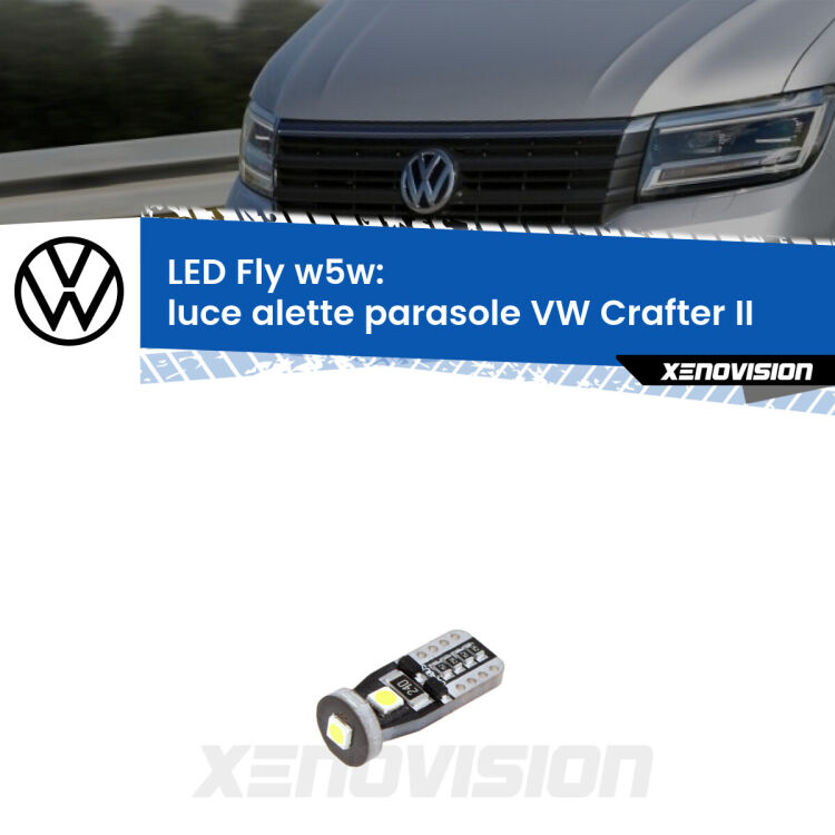 <strong>luce alette parasole LED per VW Crafter</strong> II 2016 in poi. Coppia lampadine <strong>w5w</strong> Canbus compatte modello Fly Xenovision.