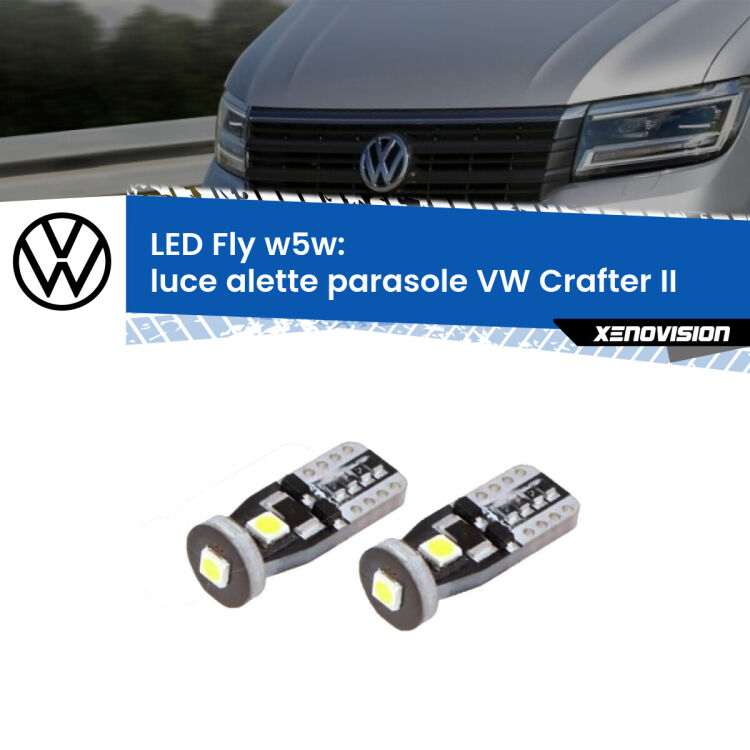 <strong>luce alette parasole LED per VW Crafter</strong> II 2016 in poi. Coppia lampadine <strong>w5w</strong> Canbus compatte modello Fly Xenovision.