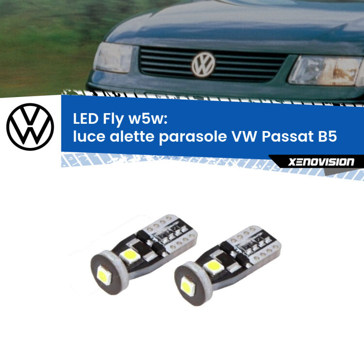 <strong>luce alette parasole LED per VW Passat</strong> B5 1996 - 2000. Coppia lampadine <strong>w5w</strong> Canbus compatte modello Fly Xenovision.