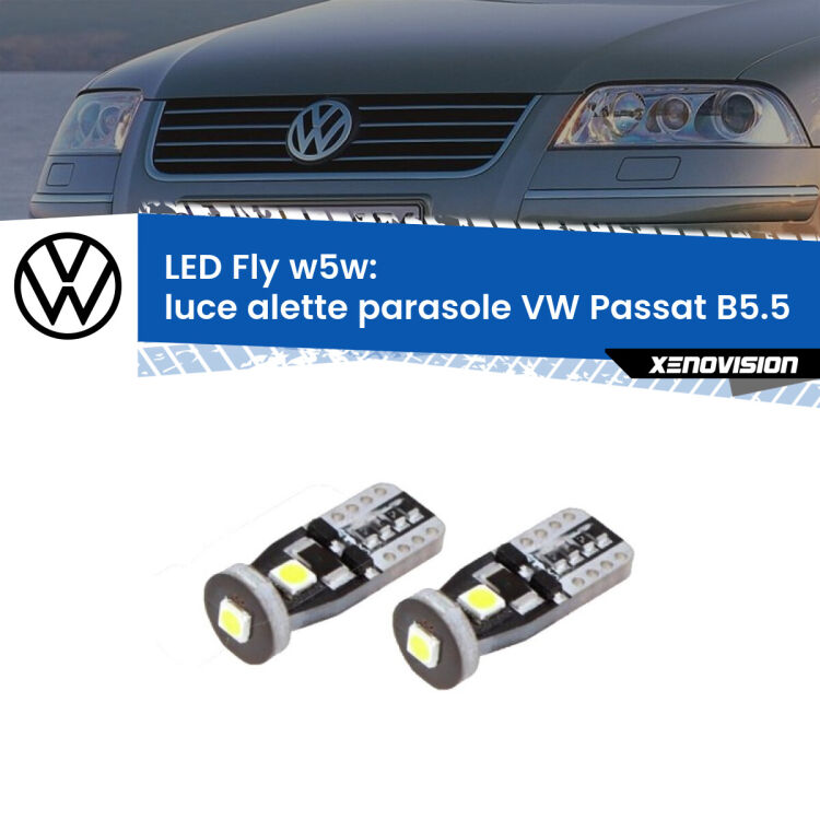 <strong>luce alette parasole LED per VW Passat</strong> B5.5 2000 - 2005. Coppia lampadine <strong>w5w</strong> Canbus compatte modello Fly Xenovision.