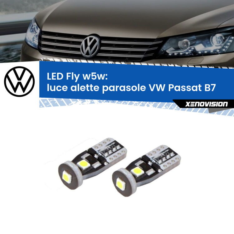 <strong>luce alette parasole LED per VW Passat</strong> B7 2010 - 2014. Coppia lampadine <strong>w5w</strong> Canbus compatte modello Fly Xenovision.