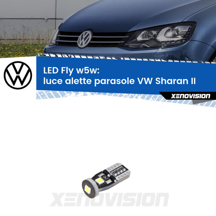 <strong>luce alette parasole LED per VW Sharan</strong> II 2010 - 2019. Coppia lampadine <strong>w5w</strong> Canbus compatte modello Fly Xenovision.