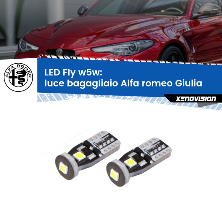 <strong>luce bagagliaio LED per Alfa romeo Giulia</strong>  2015 in poi. Coppia lampadine <strong>w5w</strong> Canbus compatte modello Fly Xenovision.