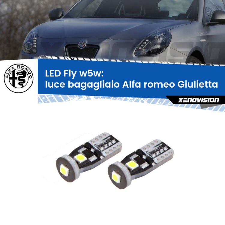 <strong>luce bagagliaio LED per Alfa romeo Giulietta</strong>  2010 in poi. Coppia lampadine <strong>w5w</strong> Canbus compatte modello Fly Xenovision.